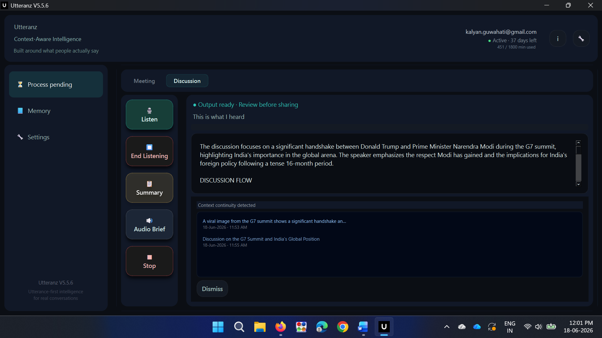 Utteranz — Context continuity panel showing linked historical discussions