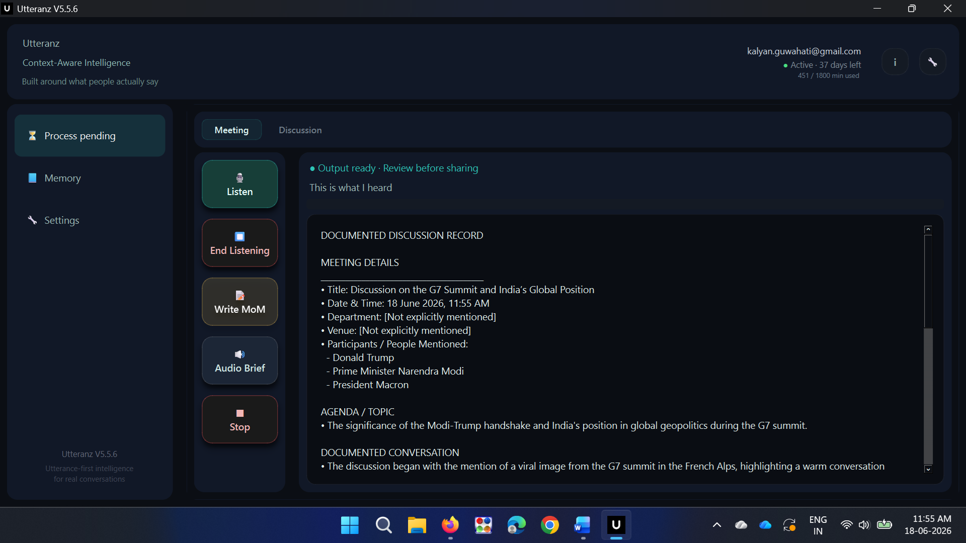 Utteranz — Structured Minutes of Meeting output showing documented discussion record